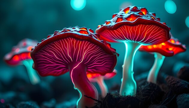 A group of vividly colored mushrooms with glowing red caps and bright blue stems, set against a dark, blurred background with teal light orbs. Their intricate gill structures are illuminated in a stri