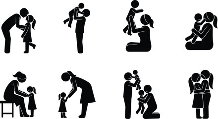 Obraz premium Black Family Silhouette Vector Set Featuring Parents Playing With Children Mothers Hugging Daughters And Fathers Lifting Toddlers Isolated On White Background For Love And Parenting Design (25 words)