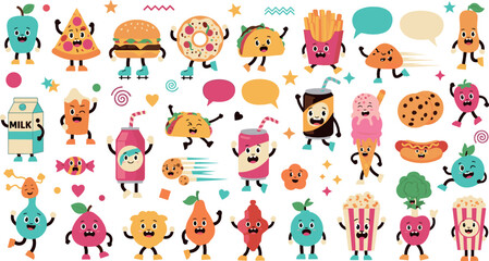 Fototapeta premium Cute kawaii food character set with fruits, fast food, snacks, drinks, desserts, speech bubbles, and colorful funny cartoon illustrations