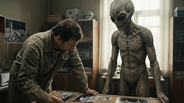 Man showing alien spacecraft photos to an extraterrestrial being in a soviet era lab for first contact science fiction.
