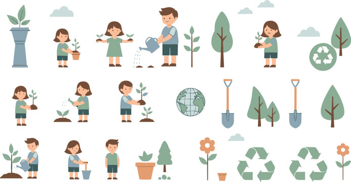 Cute kids planting trees and recycling illustration set with gardening, watering plants, eco activities, Earth icons, and environmental cartoon elements