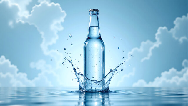 refreshing crystal clear water bottle splashing into blue ocean under a bright cloudy sky. perfect for hydration, mineral water branding, and summer beverage healthy lifestyle marketing themes.