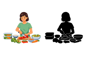 Person prepares a variety of vegetables and salads in a kitchen environment with different ingredients and utensils around the workspace