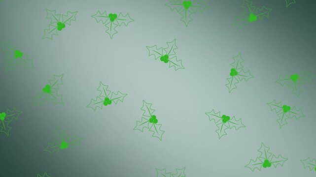Animation of green holly leaves pattern on grey background