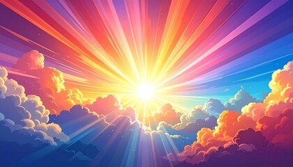 Abstract illustration of a bright sun bursting through blue clouds with glowing orange rays and a star flare design on a cosmic sky backdrop