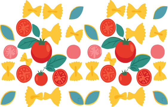 Seamless Italian food pattern vector background with tomatoes, pasta shapes and leaves for colorful cooking and kitchen design