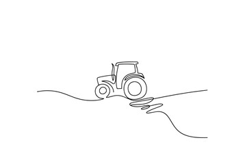 Continuous One Line Drawing of a Tractor Working in a Field at Sunrise
