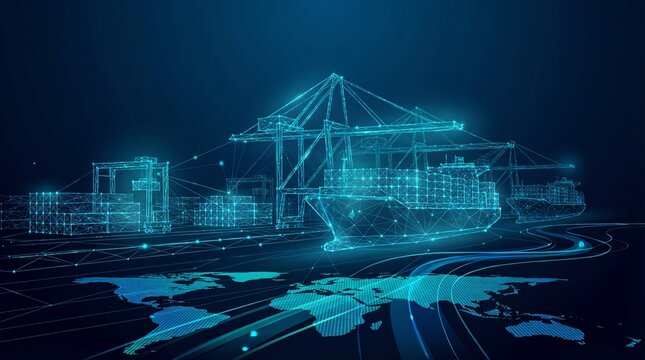 Futuristic Digital Wireframe of Global Port Logistics with World Map and Shipping Network
