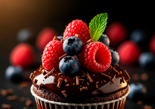 Artisanal dark cocoa cupcake topped with glossy couverture chocolate ganache, fresh forest berries, and delicate mint leaf on moody low-key background