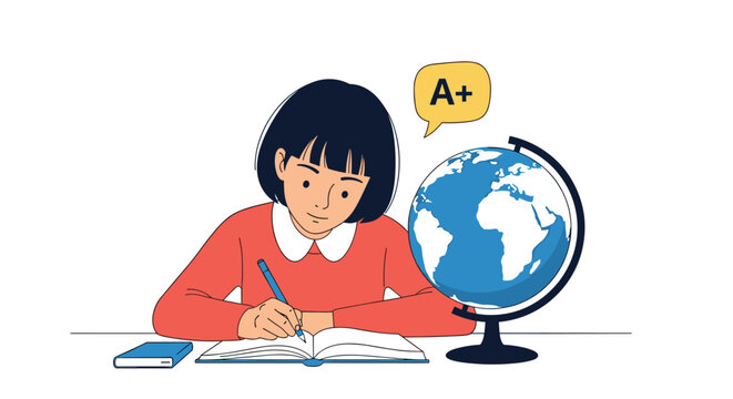 Smart student girl studying diligently at her desk with a globe, writing in a notebook and achieving an A-plus grade.