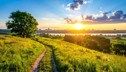 Obraz premium A beautiful summer landscape featuring a sunrise over a rural green field and sunset views through a forest and park with clouds across a blue nature sky