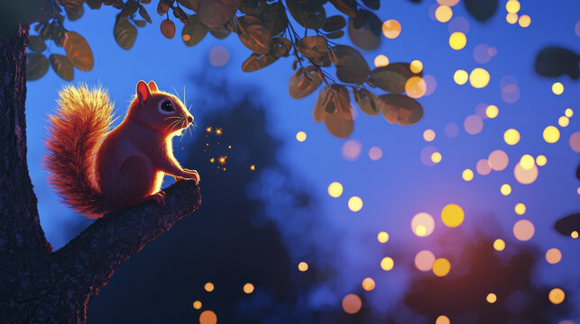Cartoon squirrel glowing fireflies night forest magical atmosphere tree branch illuminated dreamy fantasy blue background whimsical scene. cute cartoon squirrel sits tree branch night watching