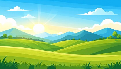 Obraz premium Vector illustration of a summer landscape featuring green grass meadows and rolling hills under a blue sky with clouds and distant mountains in a rural countryside scenery