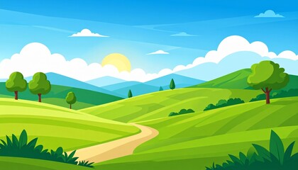 Obraz premium Vector illustration of a summer landscape featuring green grass meadows and rolling hills under a blue sky with clouds and distant mountains in a rural countryside scenery