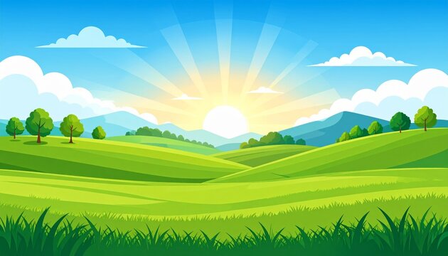 Vector illustration of a summer landscape featuring green grass meadows and rolling hills under a blue sky with clouds and distant mountains in a rural countryside scenery