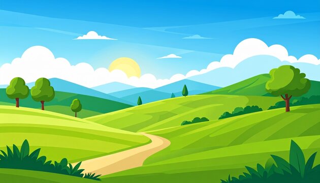 Vector illustration of a summer landscape featuring green grass meadows and rolling hills under a blue sky with clouds and distant mountains in a rural countryside scenery