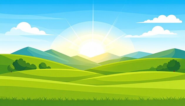 Vector illustration of a summer landscape featuring green grass meadows and rolling hills under a blue sky with clouds and distant mountains in a rural countryside scenery