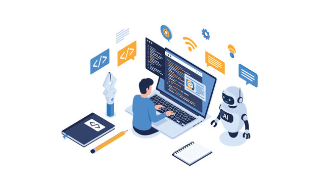Isometric illustration of a software developer programming on a laptop with assistance from an AI robot, showing coding concepts.