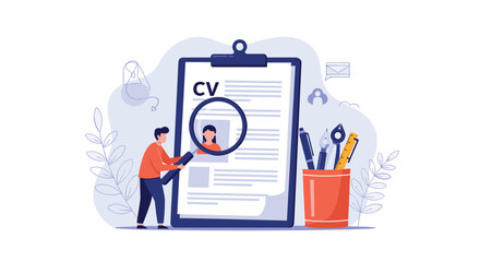 Human resources manager using a magnifying glass to review a job candidate's CV for recruitment and hiring purposes.