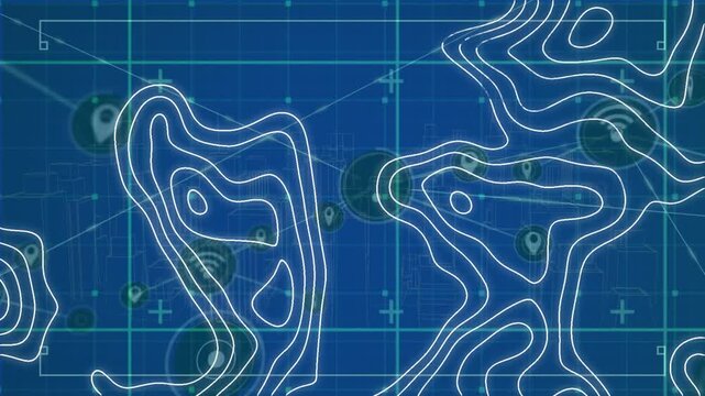 Animation of topography patterns and network of digital icons over gird network on blue background