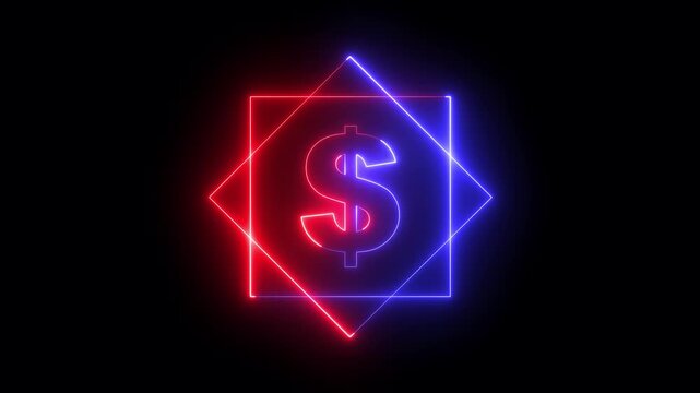 glowing Neon dollar sign icon on black background. dollar symbol in rectangle frame for business or finance concept. Dollar currency money sign. 4k video animation.