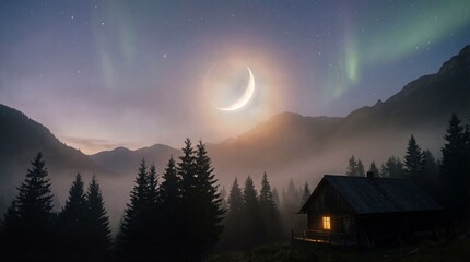 A dramatic crescent moon and green aurora illuminate a cozy cabin nestled in a dark, misty valley.