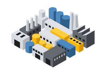 Fototapeta premium Isometric illustration of an industrial complex with buildings and smokestacks from an aerial viewpoint