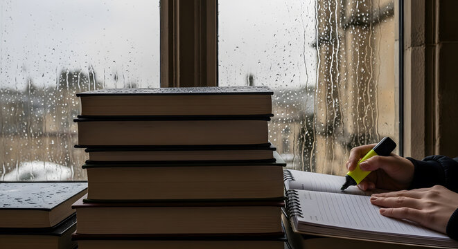 Student highlighting notes in a spiral notebook next to a stack