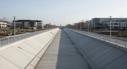 Obraz premium Modern urban walkway with sleek concrete and metal railing