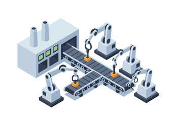Obraz premium Industrial robots working together on assembly line in factory setting from isometric viewpoint