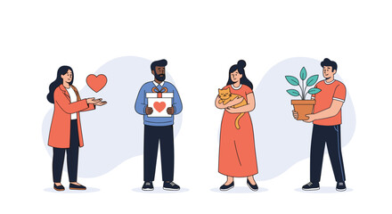 Obraz premium A diverse group of people expressing kindness and love by giving a heart, a gift, a cat, and a plant.