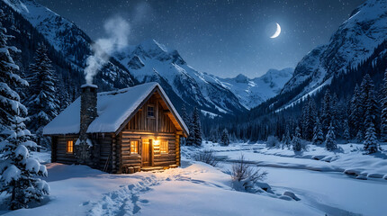 Fototapeta premium Winter Night Serenity: Cozy Log Cabin in Snowy Mountain Valley Under a Crescent Moon