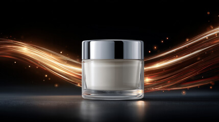 Mockup, skin care concept, cream jar, minimalist, round white container, silver cover. Empty label on background light beige color, elegant branding design