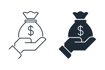 Dollar Bag Hand. Representing finance, money savings,  business investment, payment. Vector linear icon illustration isolated on white background.