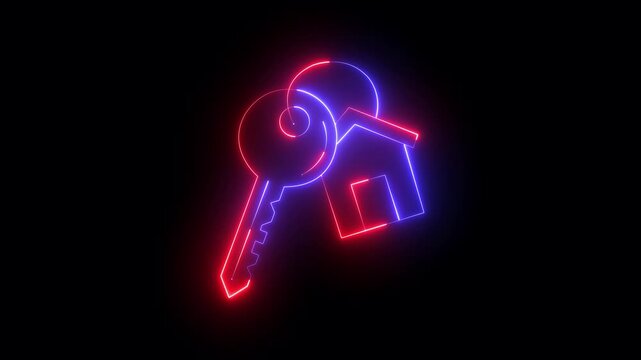 glowing neon Key chain with key ring and house locket icon isolated on black background. For rent house concept. House keychain with key on ring, symbolizing home security and ownership.