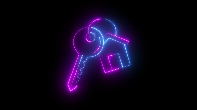 glowing neon Key chain with key ring and house locket icon isolated on black background. For rent house concept. House keychain with key on ring, symbolizing home security and ownership.