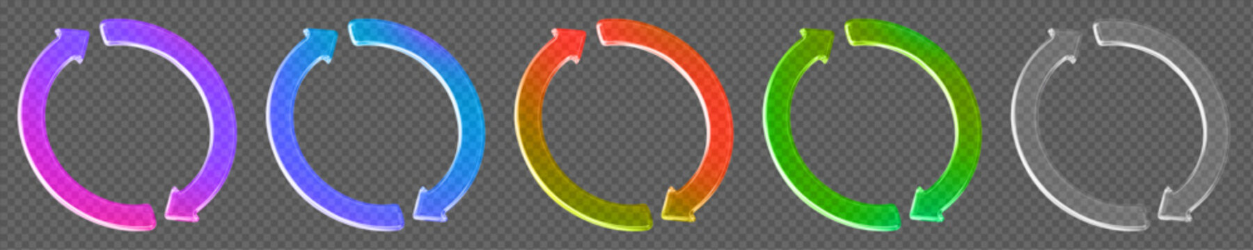 3d set glass transparent neon refresh or recycle arrows icon. Y2k style. Stock vector illustration on isolated background. 