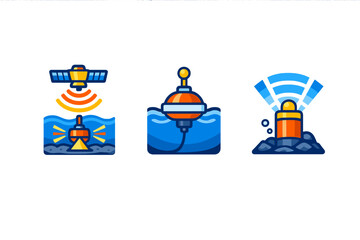 Obraz premium Floating devices gather data from water surfaces while satellites and sensors monitor environmental conditions