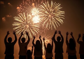 Silhouetted Crowd with Raised Hands Cheering Golden Fireworks Display in Night Sky, Celebrating a Joyful Festive Event