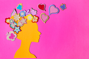 Yellow Female Head Profile with Flowers Hearts and Butterflies