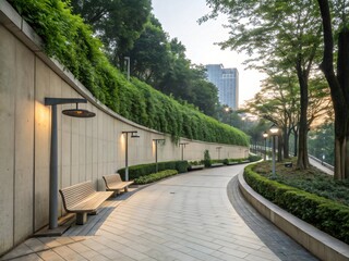 Fototapeta premium A scenic summer landscape in Europe features an old wooden house and bridge along a stone path winding through a lush green park with tall trees under a clear blue sky