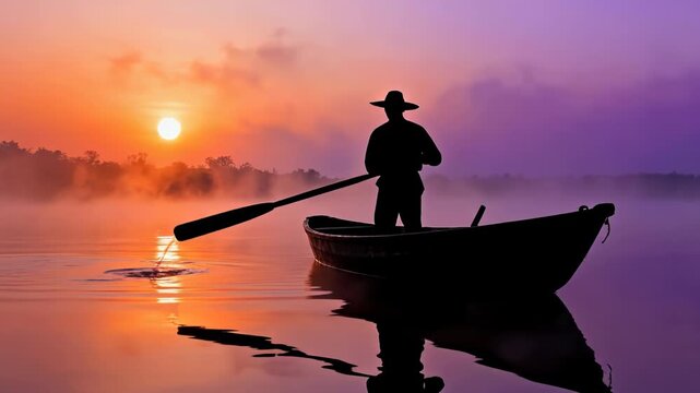 Silhouette of a fisherman in a traditional hat rowing a boat on a calm lake at sunrise with thick fog and purple orange sky