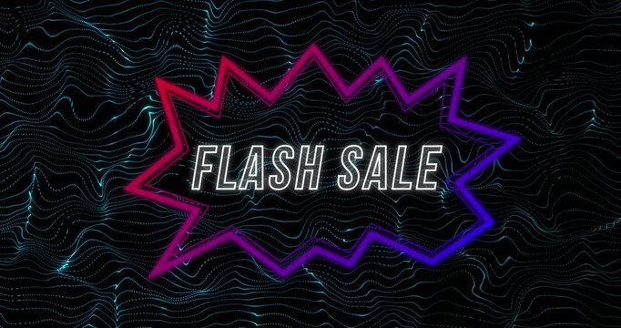 Animation of flash sale text in speech bubble over wave pattern against black background
