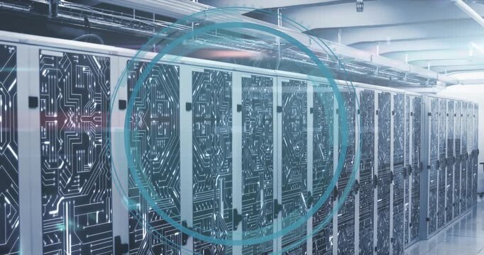 Animation of round scanner with copy space and microprocessor connections against server room