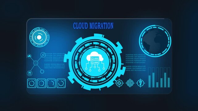 CLOUD MIGRATION futuristic dashboard interface with glowing HUD elements, digital analytics charts, cloud computing network, data flow visualization, software development concept, 