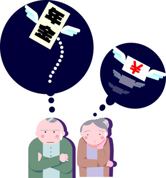 年金や老後資金の目減りに不安を感じる高齢者夫婦のイラスト