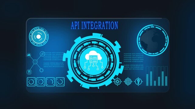 API integration futuristic dashboard interface with glowing HUD elements, digital analytics charts, cloud computing network, data flow visualization, software development concept, cybersecurity techno