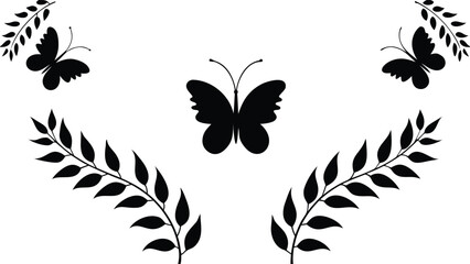 Set of black butterflies and leaves vector icons