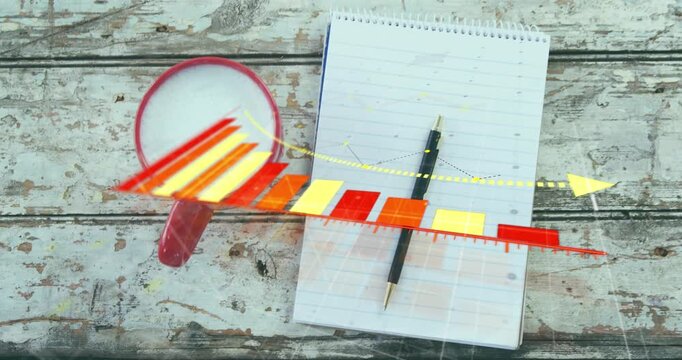 Animation of arrow on reducing bar graph, overhead view of milk in cup with pen and notepad on table