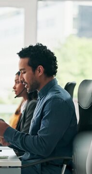 Headset, customer service and businessman in office with contact us, communication or call center. Mic, crm and male technical support consultant with help desk, assistance or online consultation.